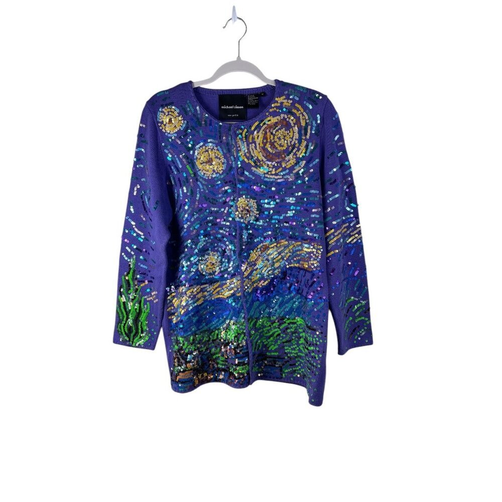 Michael Simon Womens Starry Night Sequin Cardigan M Multicolor Cotton Blend RARE